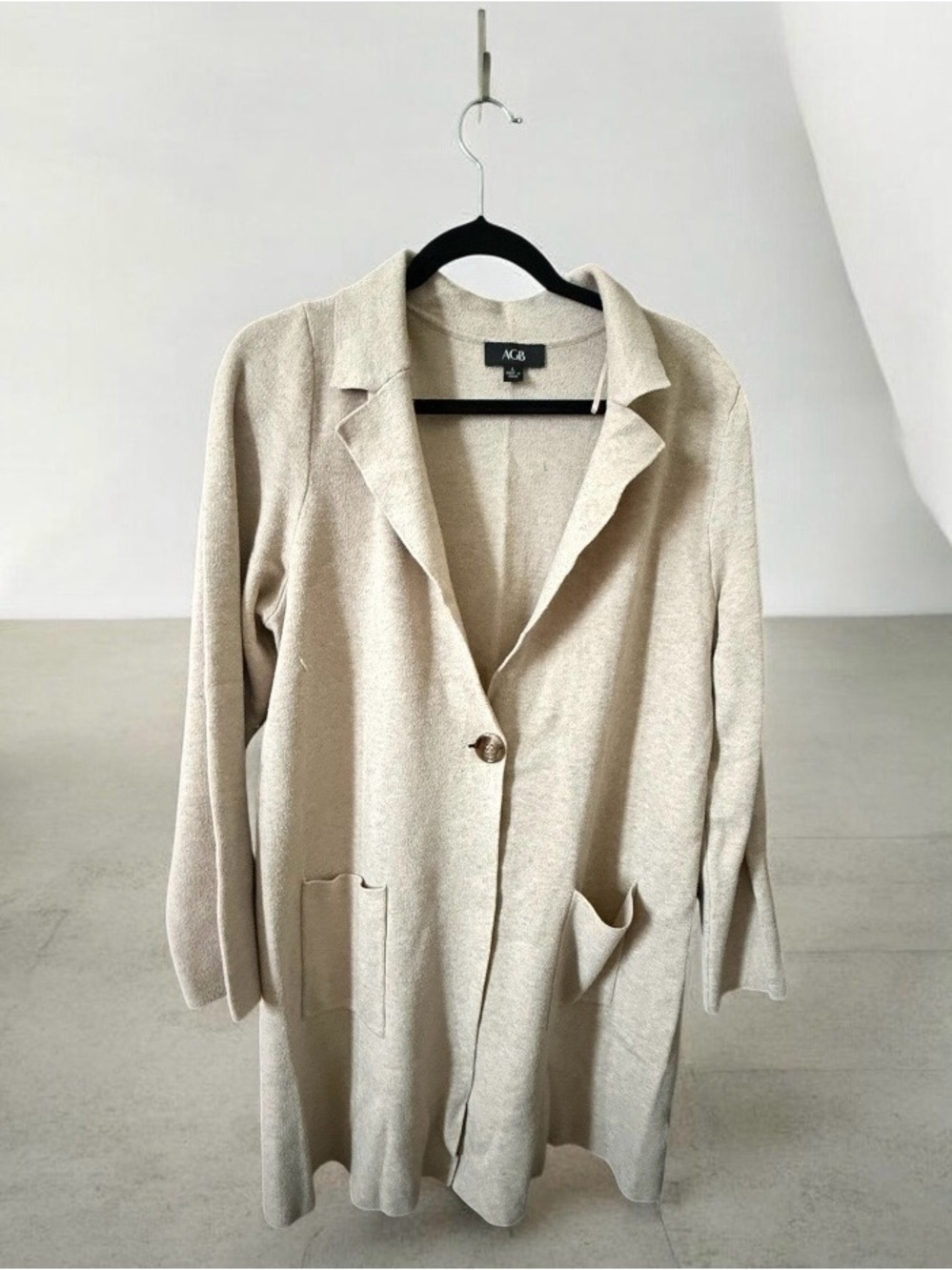 AGB women's beige coat, size L, made of rayon and nylon.